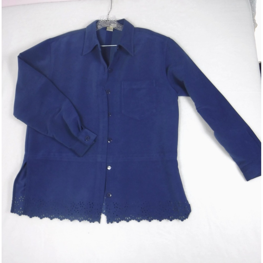 Kelly Scott Women's Blue  Velvety Button Down Blouse/ Jacket Cutout Trim Sz M‎